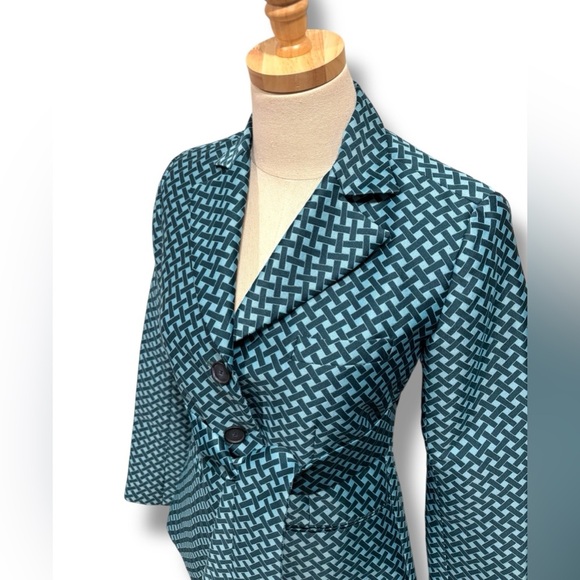 Argent Elegant Teal Lattice Patterned Women's Belted Blazer Jacket Size 2 - Picture 2 of 11